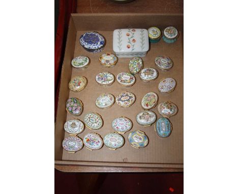 A collection of Halcyon Days enamel pill and patch boxes, largely being dated examples; Limoges box and cover etc (27)