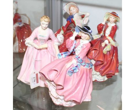 Four Royal Doulton figures, Hostess of Williamsburg, Top of the Hill x2, and Autumn Breezes (4) 