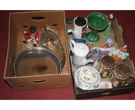 Two boxes of miscellaneous items to include a pair of Wedgwood style brown jasper ware water jugs, a Coalport figurine Stella