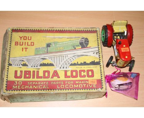 Ubilda Loco boxed set; together with a tinplate tractor and a small tinplate keywind duck (3)
