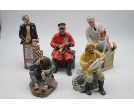 A collection of five Royal Doulton figures to include The Auctioneer, The Wayfarer, Thanks Doc!, The Boatmn, and Past Glory