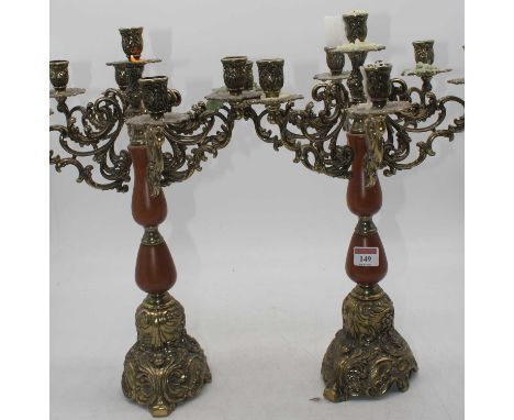 A pair of reproduction beech and brass mounted six sconce table candelabra, height 46cm