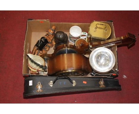 A box of miscellaneous items to include mid 20th century silver plated twin handled trophy cup, beech cased Weathermaster bar