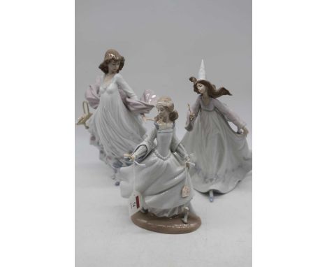 A Lladro Spanish porcelain figure modelled as a girl with basket of flowers, height 31cm, together with two others (3)The mag