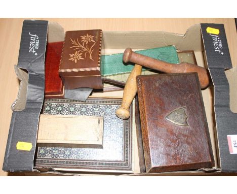 Treenware to include various boxes, small music box, pestle, brass mounted cribbage board etc 