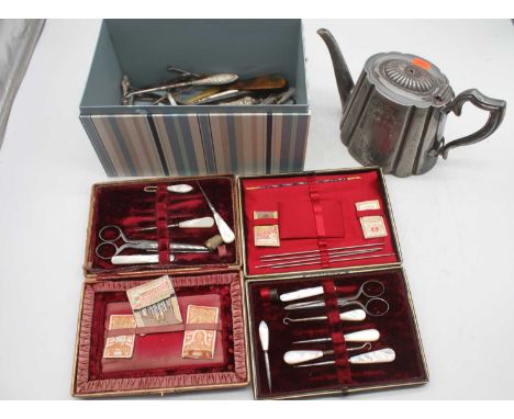 An EPBM teapot (a/f); together with assorted sewing tools to include button hooks, shoe-horns etc 