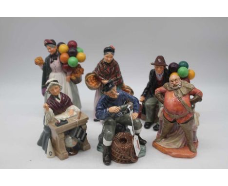 A collection of six Royal Doulton figures to include Falstaff, The Lobsterman, Balloon Man, The Orange Lady, School Marm, and