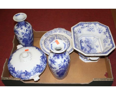 A pair of Chinese export blue &amp; white vases of baluster form, underglazed blue decorated with various figures amidst flow