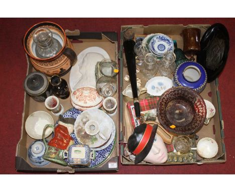 Two boxes of miscellaneous items to include a ruby overlaid and etched glass vase, Whitefriars style textured bark type vase,