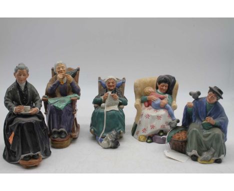 Five Royal Doulton figures to include Tuppence a Bag, The Cup of Tea, Twilight, A Stitch in Time, and Sweet Dreams (5)