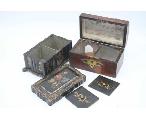 A Victorian papier mache painted and gilt decorated tea caddy of shaped rectangular form, width 21cm, together with a Victori