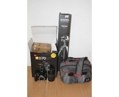 A Jessop's TR120 tripod in box, sundry camera accessories largely being lenses and to include Nikon etcTo include a Nikon D40