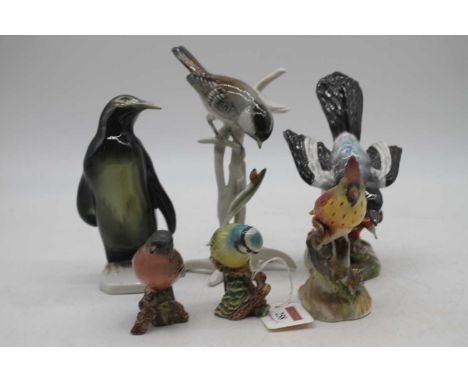 A Karl Ens model of a coaltit perched on a branch with ladybird, height 19cm, together with five other bird figures to includ