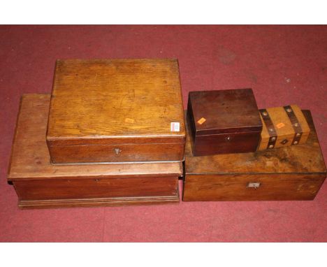 A Victorian walnut mother of pearl inlaid writing slope together with a mahogany tea caddy, one other writing slope, deed box