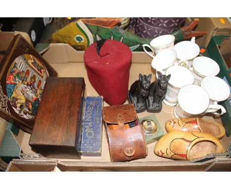 Mixed lot to include Victorian rosewood tea caddy, religious icon, onyx table lighter, Dutch clogs etc 