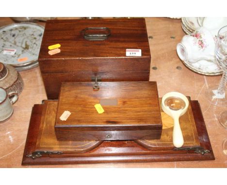 A 19th century mahogany tea caddy bearing a label Hicks Manufacturer, 26 Wigmore Street, Cavendish Square, width 23cm, togeth