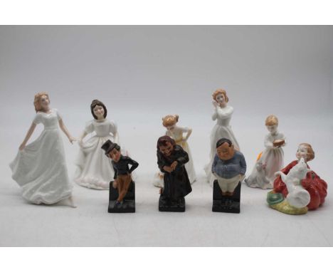 Three Royal Doulton Dickens figures to include Jingle, Fatboy and Fagin, together with six Royal Doulton figurines to include