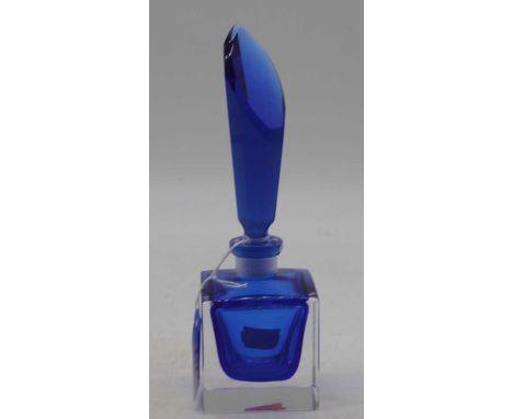 An Art Deco style blue and clear glass scent bottle and stopperHeight 21cm. No chips, damage or losses.