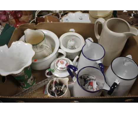 Three various enamel milk jugs; together with a chamberpot, Rockingham style vase (a/f) etc 