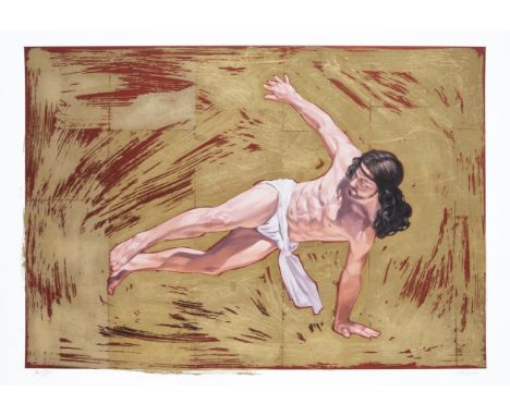 Cosmo Sarson (British), ‘Breakdancing Jesus – Flares’, 2015, giclee print with hand applied gold leaf on 308 gsm Hahnemeule p