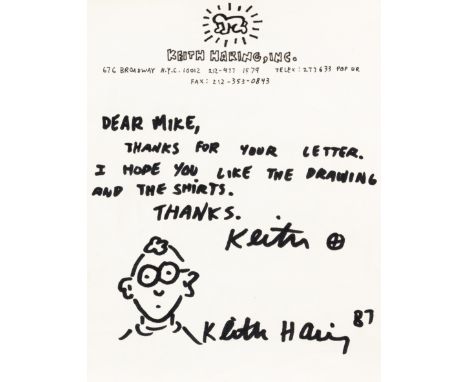 Keith Haring (American 1958-1990), untitled, 1987, dedicated letter of thanks with portrait doodle on Keith Haring, Inc. head