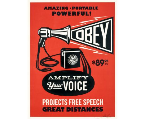 Shepard Fairey (American b.1970), 'Obey Megaphone', 2010, screen print in colours on speckle tone paper, signed, dated and AP