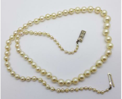 A 9ct gold and diamond set pearl necklace