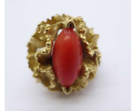 A 14ct gold and coral ring, 10.8g, M