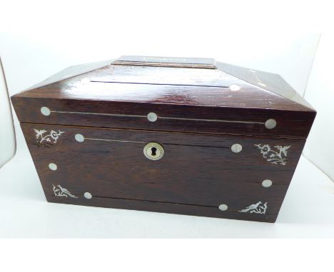 A mother of pearl inlaid caddy, a/f