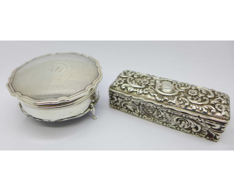 A Victorian silver box and a circular silver trinket box, some a/f, dented around base