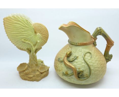 A Royal Worcester jug, 1714, large chip on the rim, and a nautilus shell vase, 101, a/f, small chip