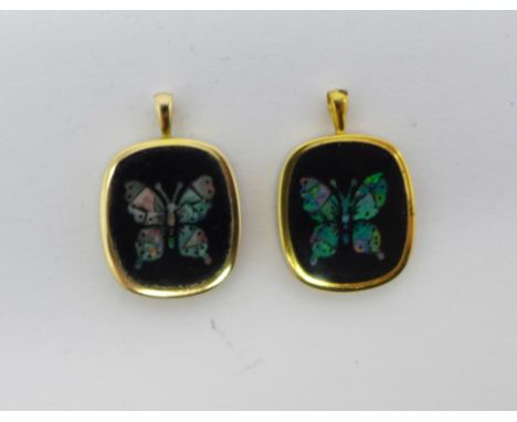 Two 14ct gold and opal butterfly pendants