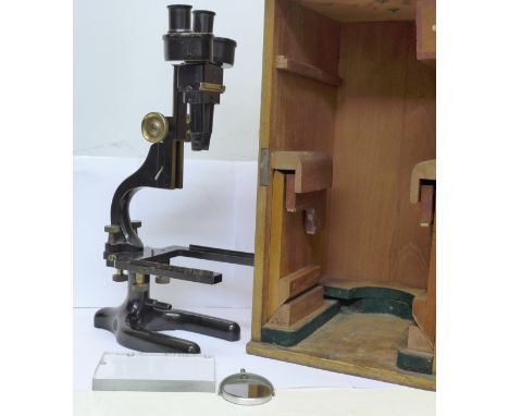 A binocular microscope, Charles Perry, 41 Northolme Road, London, cased