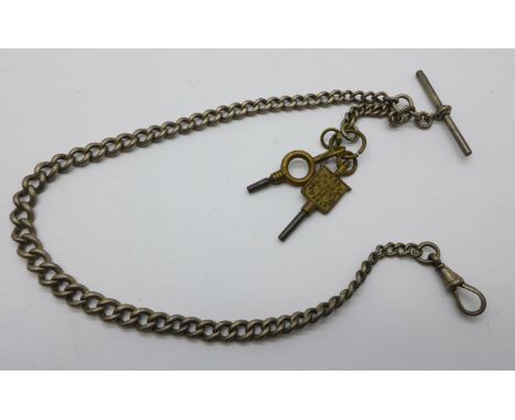 A silver Albert watch chain and two watch keys, 32g