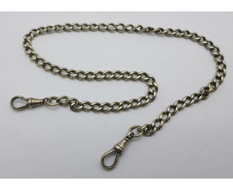 A silver double Albert watch chain, lacking T-bar, 32.6g