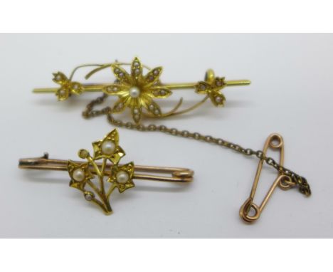 A 15ct gold and pearl brooch and a yellow metal brooch, gross weight 4.7g