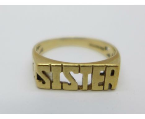 A 9ct gold 'Sister' ring, 1.7g, K