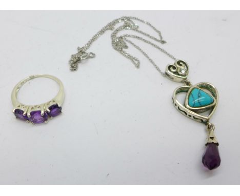 A silver and three purple stone ring, O, and a pendant and chain