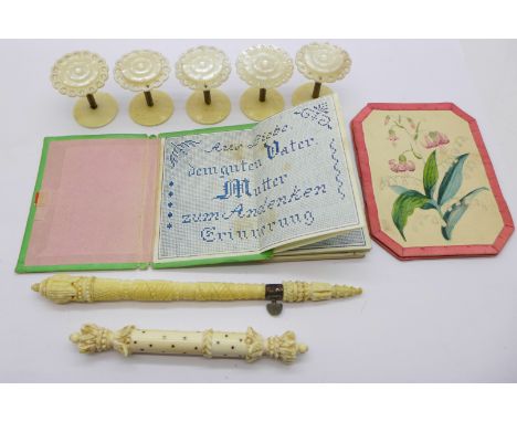 Needlework items including five mother of pearl and ivory cotton reel holders