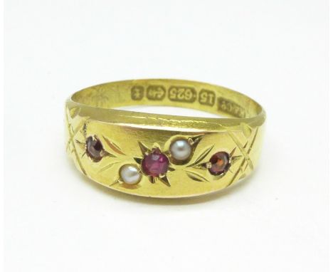 A Victorian 15ct gold, ruby and diamond ring, 1.6g, N