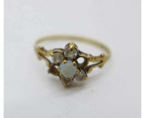 A 9ct gold, opal and white stone ring, lacking two stones, 1g, K