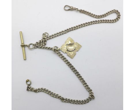 A silver Albert watch chain with silver fob and metal T-bar, one hook missing, 31g