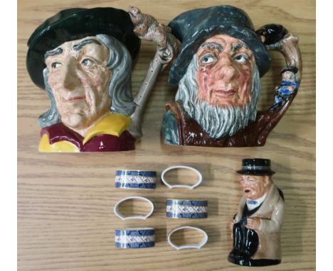 Two Royal Doulton character jugs "Rip Van Winkle" D6438 and "Pied Piper" D6403, small Winston Churchill character jug and a s
