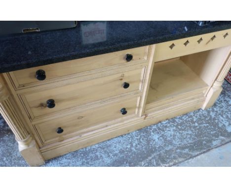 Light wood rectangular kitchen island with various shelves and drawers, and column supports, with granite worktop (152cm x 93