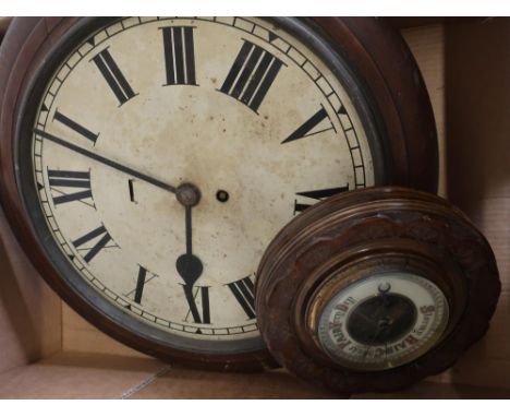 Victorian mahogany cased wall clock, dial and movement only and an aneroid barometer in carved walnut frame (2) 