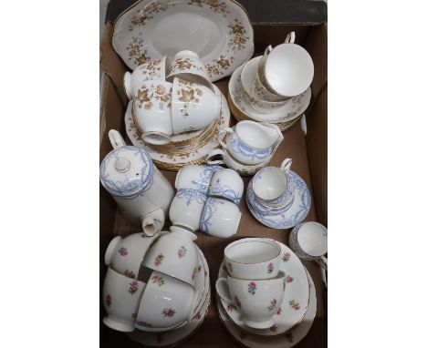 Carlton china tea service for six, Colclough china part tea service and a Sutherland bone china part tea service in one box 