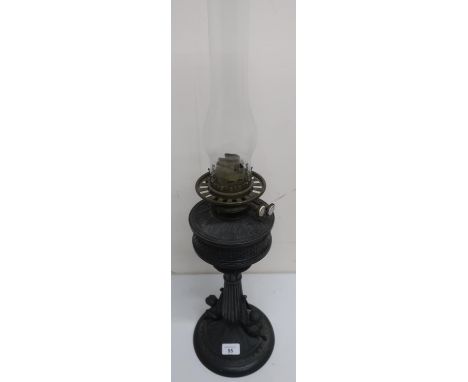 Victorian cast metal oil lamp, Hinks duplex patent wick, clear chimney with floral decorated opaque glass shade, with registr