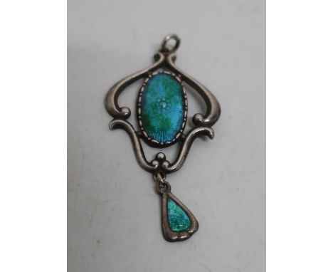 Charles Horner hallmarked silver and green enamel Art Nouveau open work pendant, with hanging green enamel teardrop, Chester 