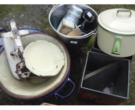 Set of Lincoln balance scales, Porti infant balance scale, Lister bucket, two aluminium flasks, Judge ware 24cm cream &amp; g