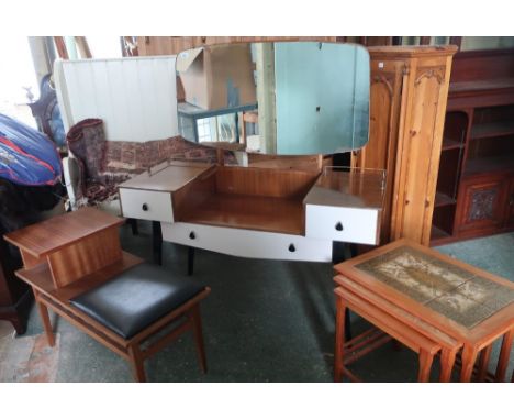 Retro mirror back drop centre c.1950/60s dressing table, a retro telephone table and a nest of three tile top occasional tabl